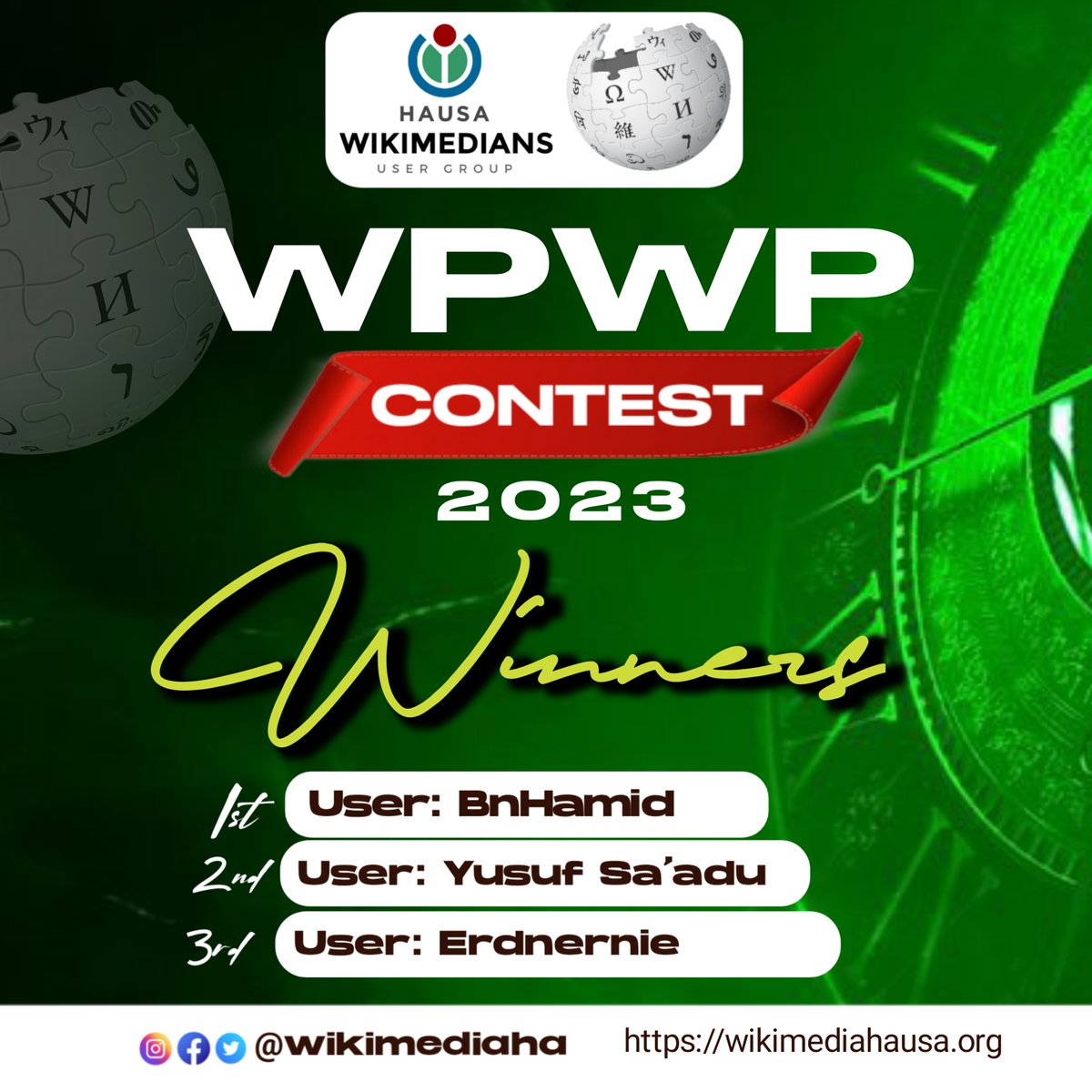 Wikimediaha's tweet photo. Congratulations to the Hausa Wikipedia top editors in the 2023 @WPWPCampaign.

Our community was among the most active communities in the global campaign with over 4,600 Wikipedia pages improved with photos.

Prizes with be presented to the winners on November 25th, 2023. https://t.co/wR4LxqQi3j