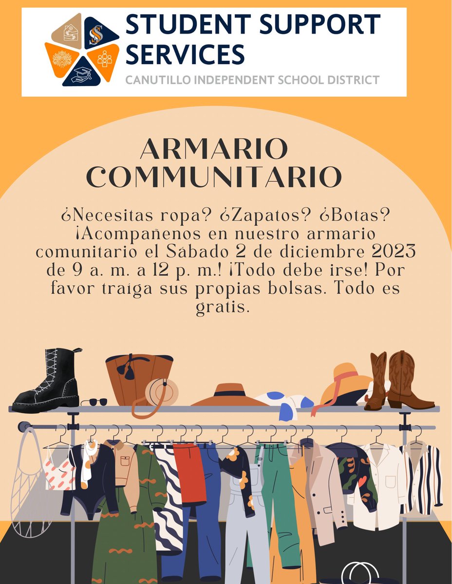 CANUTILLO! EVERYTHING MUST GO! 😁 Lots of free lightly used clothes, shoes, books, and new boots! Join us on Saturday, December 2 from 9am-12pm at our open community closet! See flyers for more details. Please help us share! 🧡💙