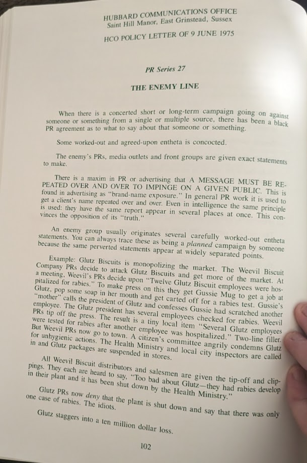 AnonLethal's tweet image. Its been a while since I&apos;ve posted one of these. Most policies are boring/outdated (how to file paperwork ect) but this one seems interesting. 
HCO PL 9 June 1975 
&quot;The Enemy Line&quot;
From what I can tell is #Hubbard outlining how to handle black PR and counter it.