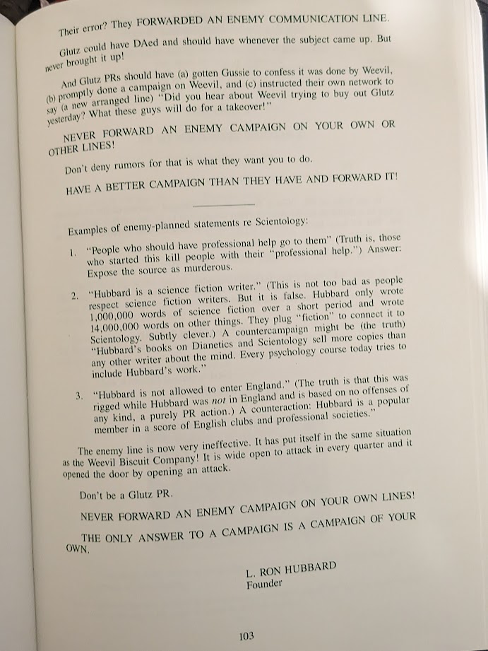 AnonLethal's tweet image. Its been a while since I&apos;ve posted one of these. Most policies are boring/outdated (how to file paperwork ect) but this one seems interesting. 
HCO PL 9 June 1975 
&quot;The Enemy Line&quot;
From what I can tell is #Hubbard outlining how to handle black PR and counter it.