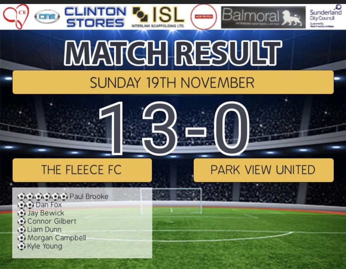 Easy win for the lads today, we take this into the county cup next week.  Fair play to Park View for carrying on.

MOTM ⭐️ Kyle Young 

Thanks to our sponsors.
Clinton Stores 
CMS UK Ltd 
Balmoral Interiors Limited  Washington Taxis 
Interlink Scaffolding Ltd. 
Connor Brown Trust