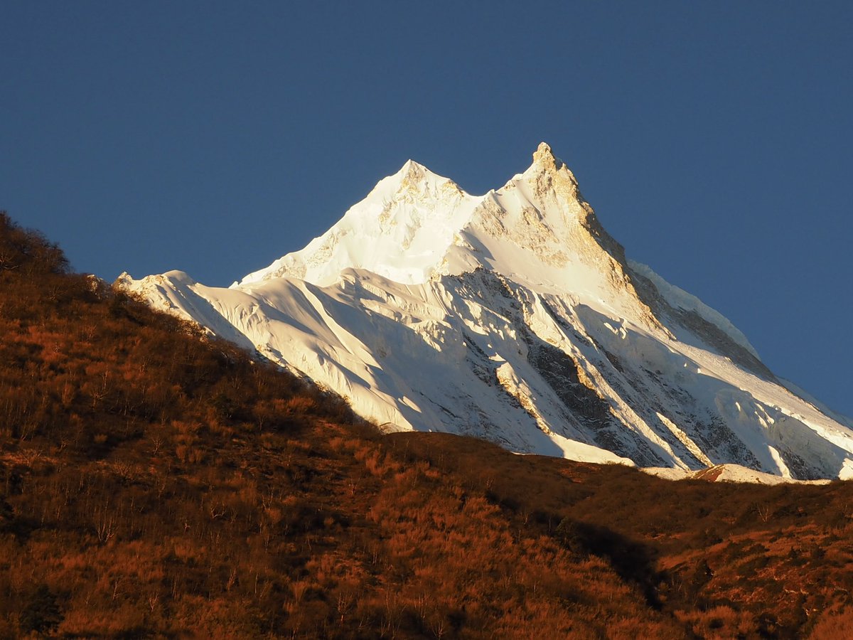 Mr_PaulPoole's tweet photo. We spent a couple of days in Sama Gaun having a rest day, although in the Himalayas there is no such thing as a rest day! Sunrise was just spectacular and it felt you could almost reach across and touch Manaslu…it really is quite close! @the_AMI @JoeBrownShops https://t.co/Zb6DqxuRjV
