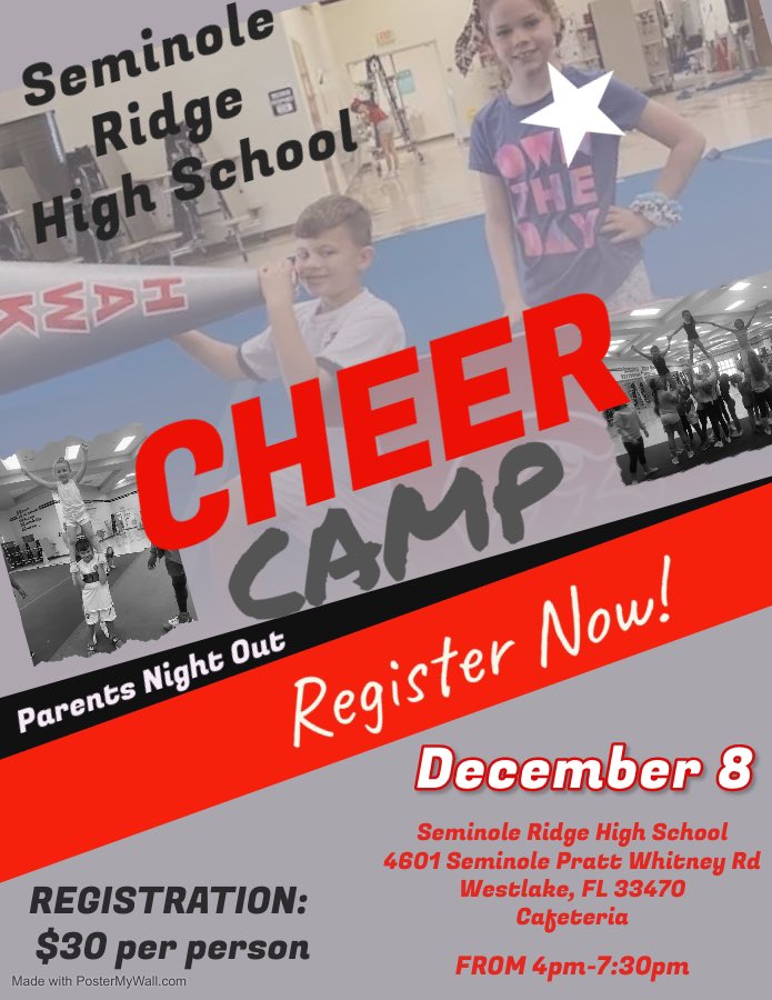 Our next Cheerleaders Kids Camp/Parents Night Out is just 2 weeks away. Get your child registered now! Contact Coach L for the registration form.   tamara.licavoli@palmbeachschools.org