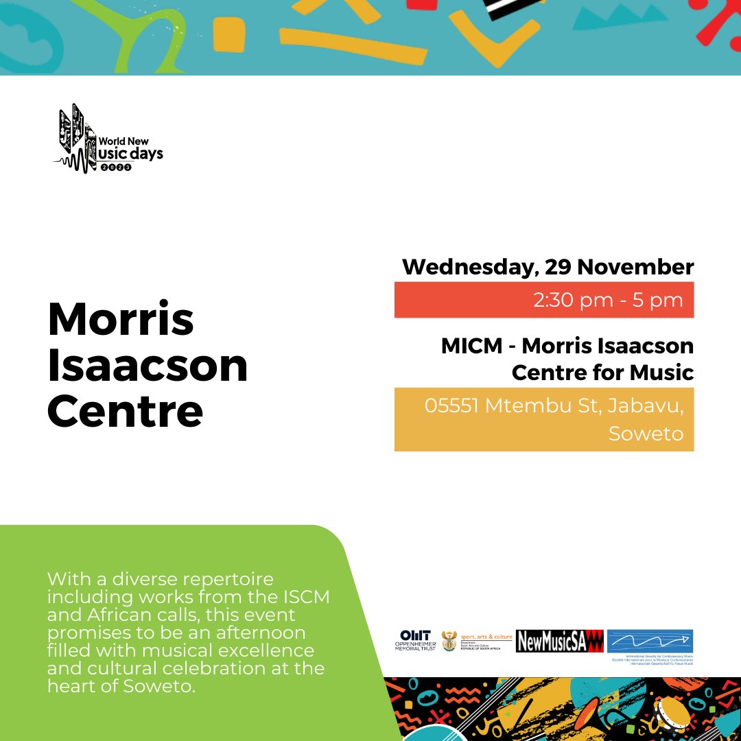 NewMusicSA's tweet photo. Join us for a captivating African Indigenous Percussion and Piano Recital, dedicated to Morris Isaacson Centre for Music students, families, and staff.  

Ticket Price: Free  

For more info visit: https://t.co/59NriHlEfy  Tickets: https://t.co/AWSMeImeP1 

#WNMD #NewMusicSA https://t.co/WlOI4ZVE6G