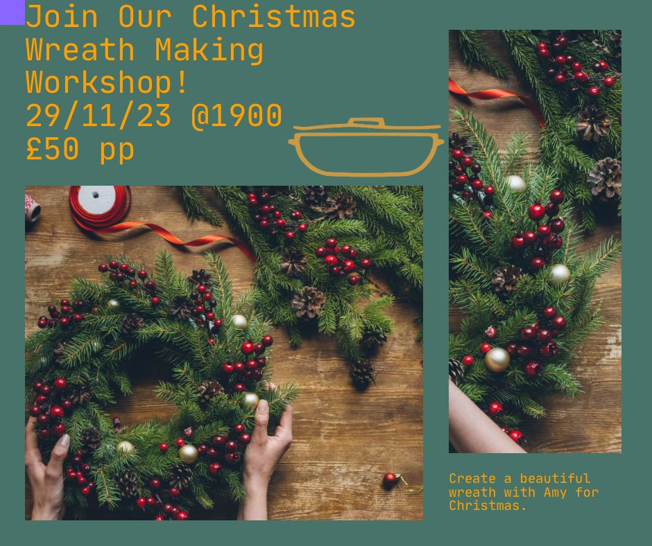 🌟✨ Dive into festive crafting at June Plum Food! Join our wreath-making course on 29/11/23, 7:00 PM. Enjoy nibbles, Christmas drinks, and create memories! 🎄🍹🎨 RSVP now - call 01933 770300. 📞 #WreathMaking #FestiveCrafts #JunePlumEvents