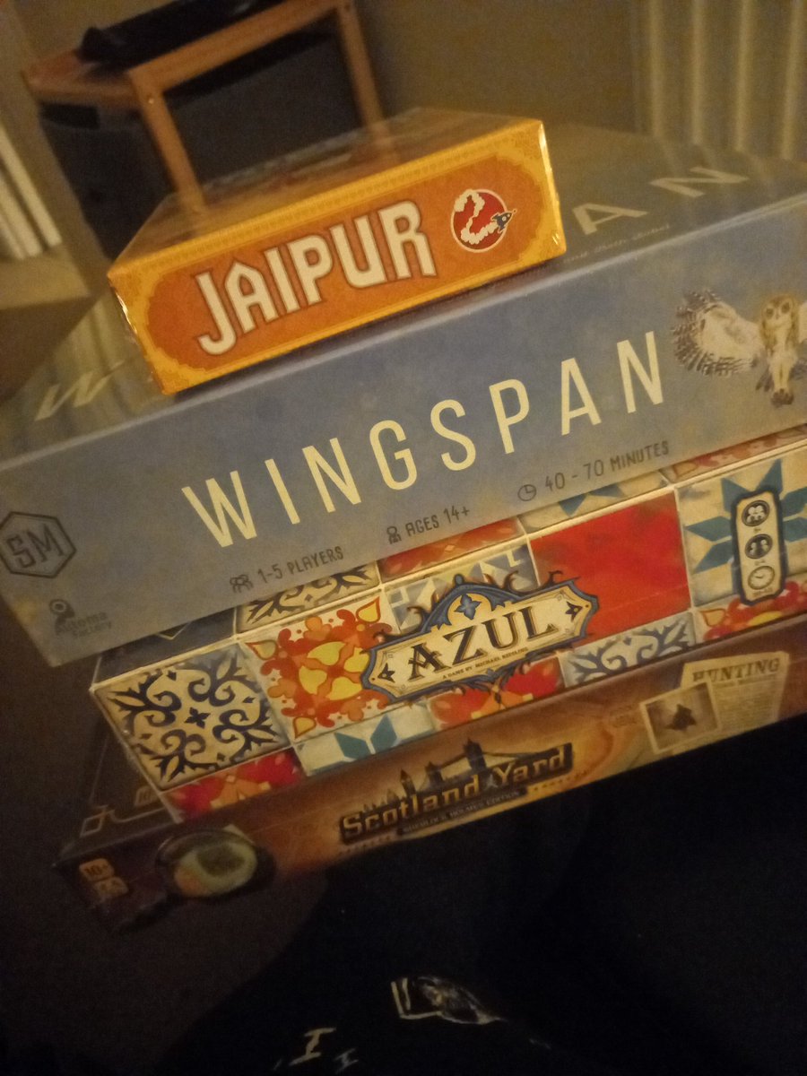 #BlackFriday haul.

Azul, Wingspan and Scotland Yard all new to me. Nice to own Jaipur in the flesh after playing a lot on Board Game Arena
