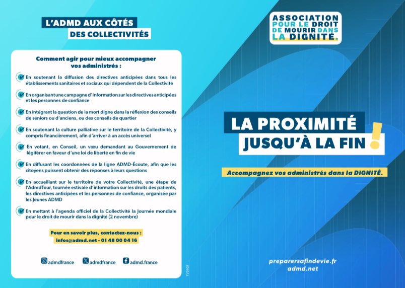 Parce que le sujet de la #FindeVie nous concerne toutes et tous, l’<a href="/ADMDFRANCE/">Mourir dans la Dignité</a> sera présente au <a href="/salondesmaires/">Salon des Maires et des Collectivités</a> du 21 au 23 novembre à Paris.
Avec notre président <a href="/JonathanDenis/">Jonathan Denis</a> et les bénévoles de l’association, nous informerons les élus locaux de nos actions sur notre stand.