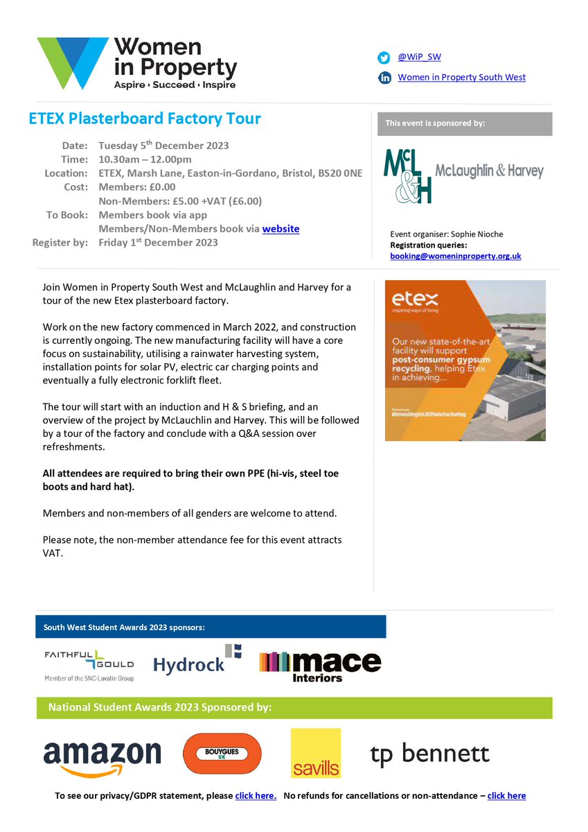 Join Women in Property South West and McLaughlin and Harvey for a tour of the new Etex plasterboard factory on the 5th of December 2023! 

All attendees are required to bring their own PPE (hi-vis, steel toe boots and hard hat).