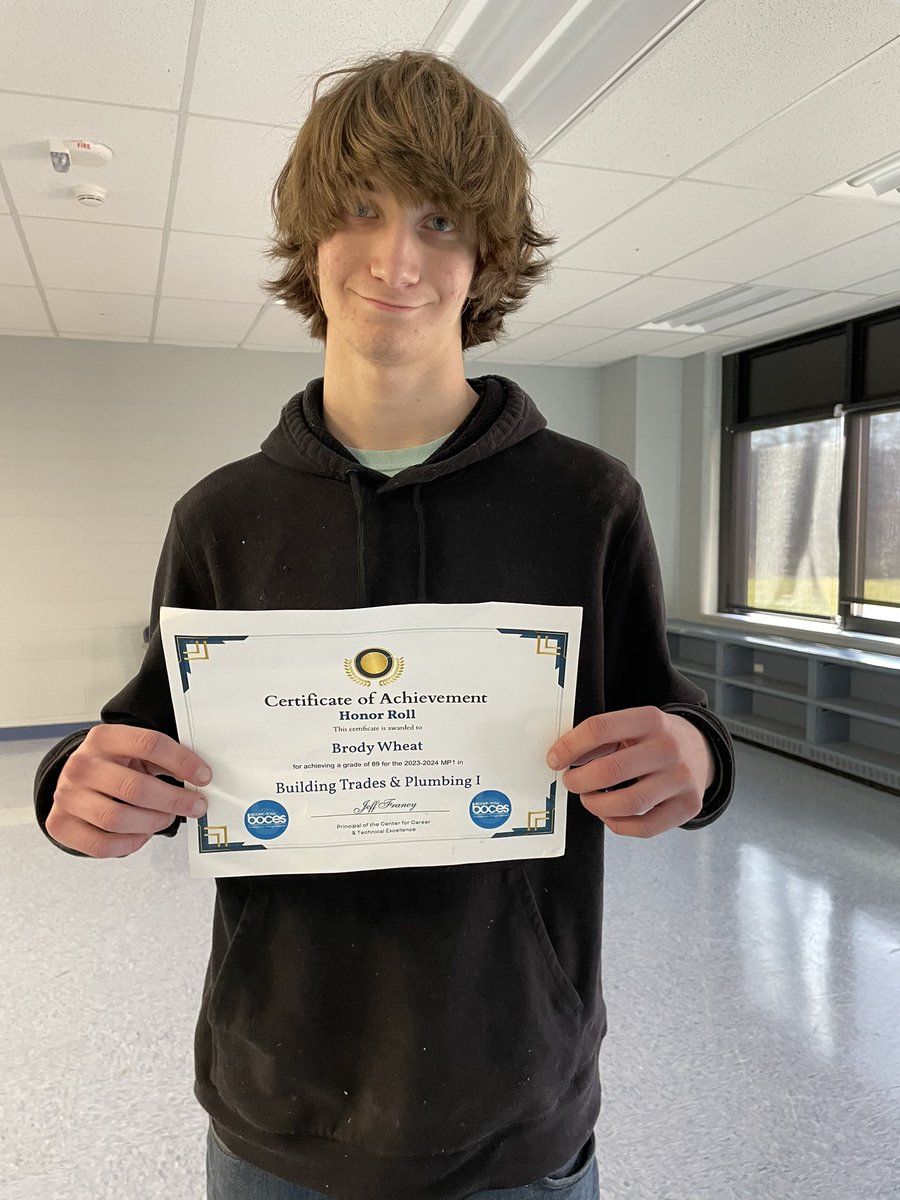 WLC_Boces's tweet photo. Congratulations to Brody Wheat, Owego Apalachin student, earns #HonorRoll @BTCareerTechED @BTBOCES_IP https://t.co/z0ZuyZdrea