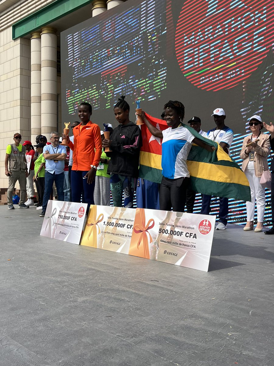 Top 3 Féminin Semi Marathon

AYEHU BITEW Abera 01:17:03 Éthiopie 🇪🇹 
JEPKOECH Doris 01:18.22 Kenya 🇰🇪 
ANAMING Maheza 01:22:59 Togo 🇹🇬 

👏👏👏

#CourezDakar2023