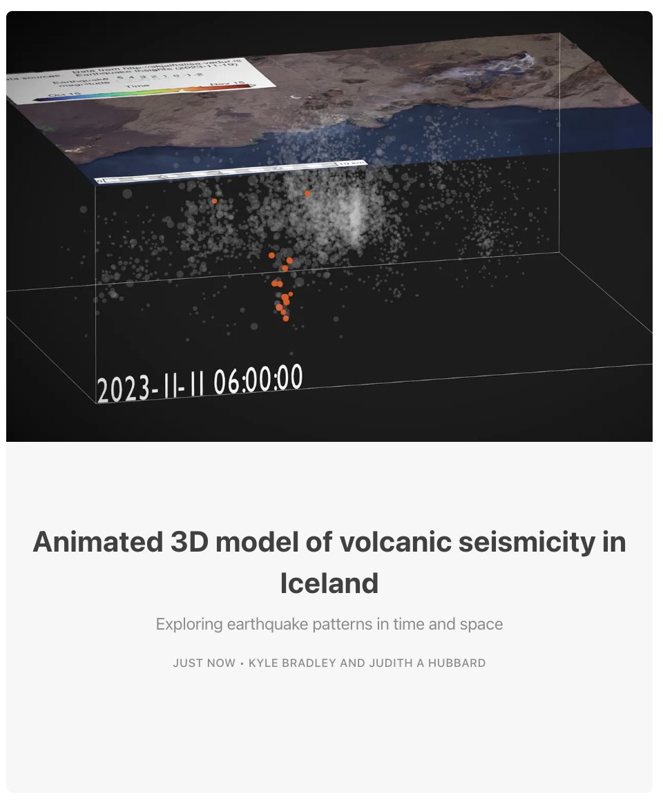 All eyes are on Iceland - ground deformation reveals that magma is inflating Svartsengi, and seismicity continues. But what do the earthquakes actually look like down there? We created an animated 3D movie to illustrate. (Link to our blog in my bio.) 1/