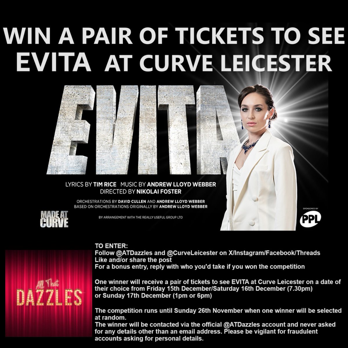ATDazzles's tweet photo. The winner will get a pair of tickets to see 'Evita' on a date of their choice between Friday 15th, Saturday 16th December or Sunday 17th December.
This competition runs across X, Instagram, Facebook &amp; Threads.
Follow @ATDazzles and enter on all of them to increase your chances. https://t.co/whzMwb96ha