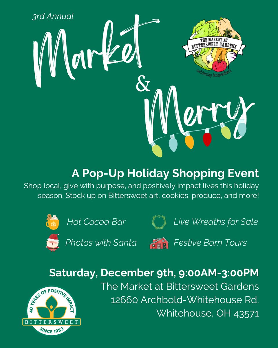 Join us on Saturday, December 9th from 9:00am-3:00pm for Market & Merry, our annual pop-up holiday shopping event! 🎄 More info at bittersweetfarms.org/events 

#ToledoOhio #WhitehouseOhio #NWOhio #ToledoEvents #ShopLocalToledo #FourOneNine #HolidayEvent #HolidayGifts
