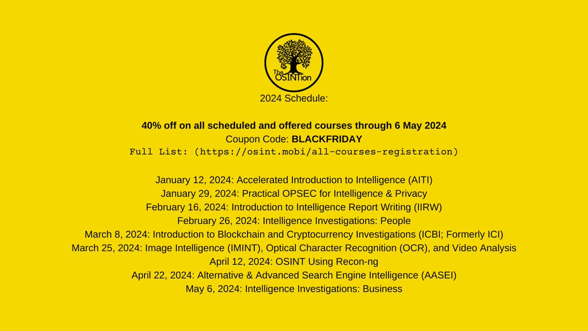 C_3PJoe's tweet photo. Here are The OSINTion's #BlackFriday deals:

Coupon Code: BLACKFRIDAY

On-Demand:
80% off everything on The OSINTion Academy (https://t.co/yOIGjvHbjB)

Live:
40% off all courses through 6 May 2024 Full List: (https://t.co/6HSHu51vr0)

#OSINT #OPSEC #IMINT #NatSec #Infosec #Recon https://t.co/UIQUORZb2p