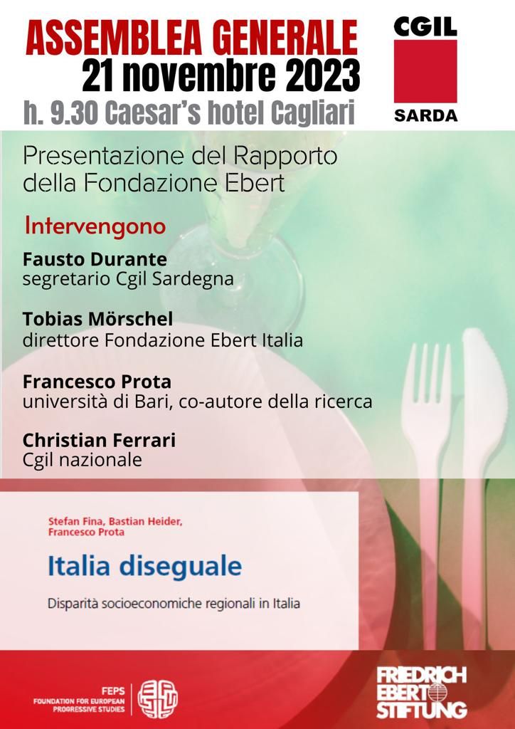 #SaveTheDate 21 novembre
Nuova presentazione a #Cagliari del Rapporto "Italia diseguale"
Una ulteriore occasione per discutere di disparità territoriali
<a href="/FES_Italia/">FES-Italia</a> <a href="/CgilSarda/">Cgil Sarda</a> <a href="/FaustoDurante1/">Fausto Durante 🇪🇺</a> <a href="/lucaargenta/">Luca Argenta 🇮🇹🇪🇺🇩🇪</a>