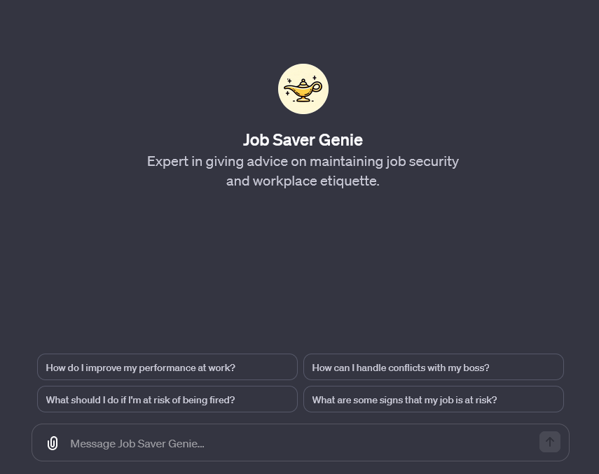 eccejonsson's tweet photo. Introducing "Job Saver Genie" – your personal assistant for navigating  the complex world of work! 🧞‍♂️ Whether it's mastering workplace  etiquette, enhancing communication skills, or resolving conflicts, we've  got you covered. Stay ahead, stay employed! #OpenAI https://t.co/WLuZxFUZx3