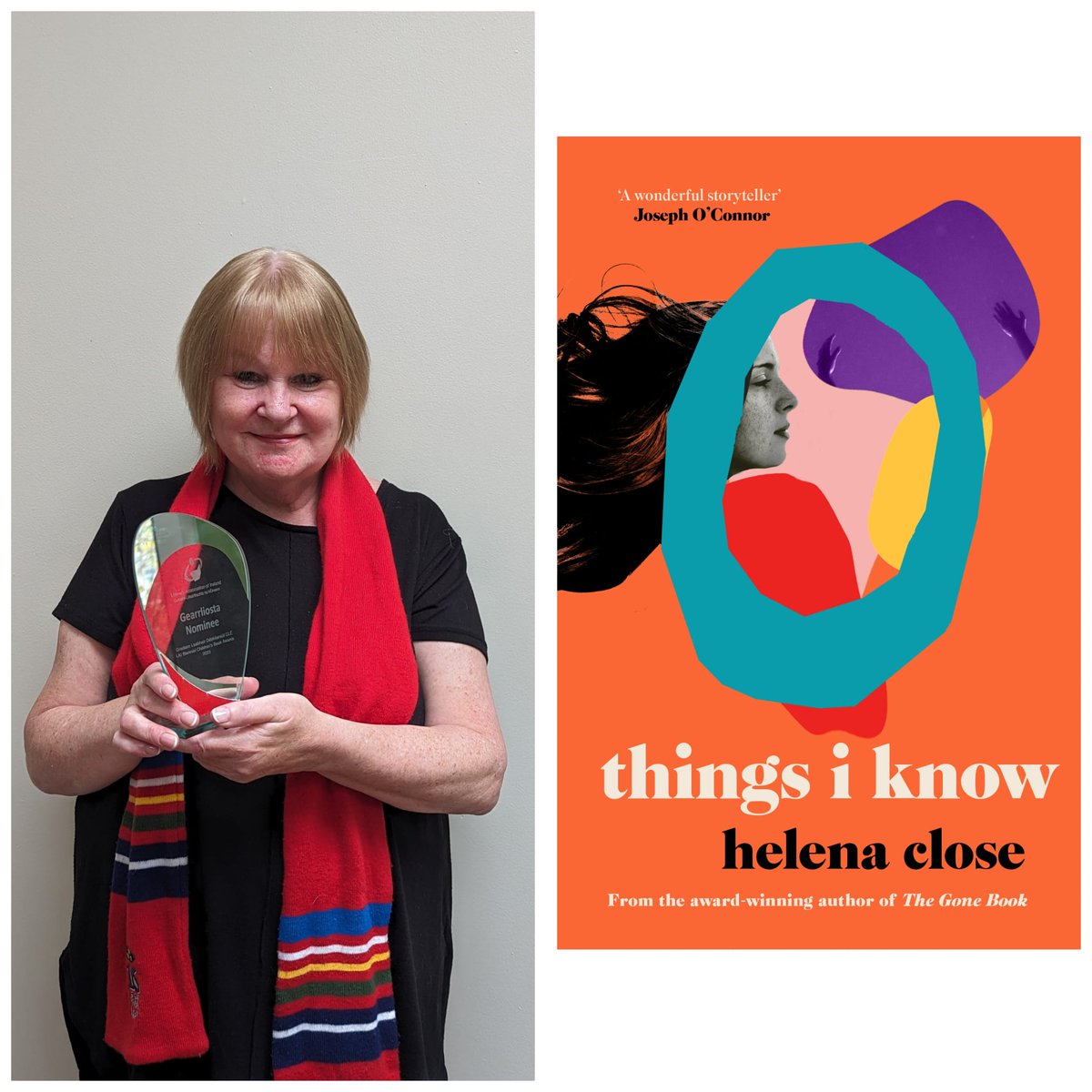 Helenaclose's tweet photo. What a gorgeous shortlist award from @LiteracyIRL for my novel, Things I Know. With thanks to @LittleIslandBks. And yes, that's a Munster scarf and it was match day. #thingsiknow #irishwriters #SUAF https://t.co/t8O5ItOXwk