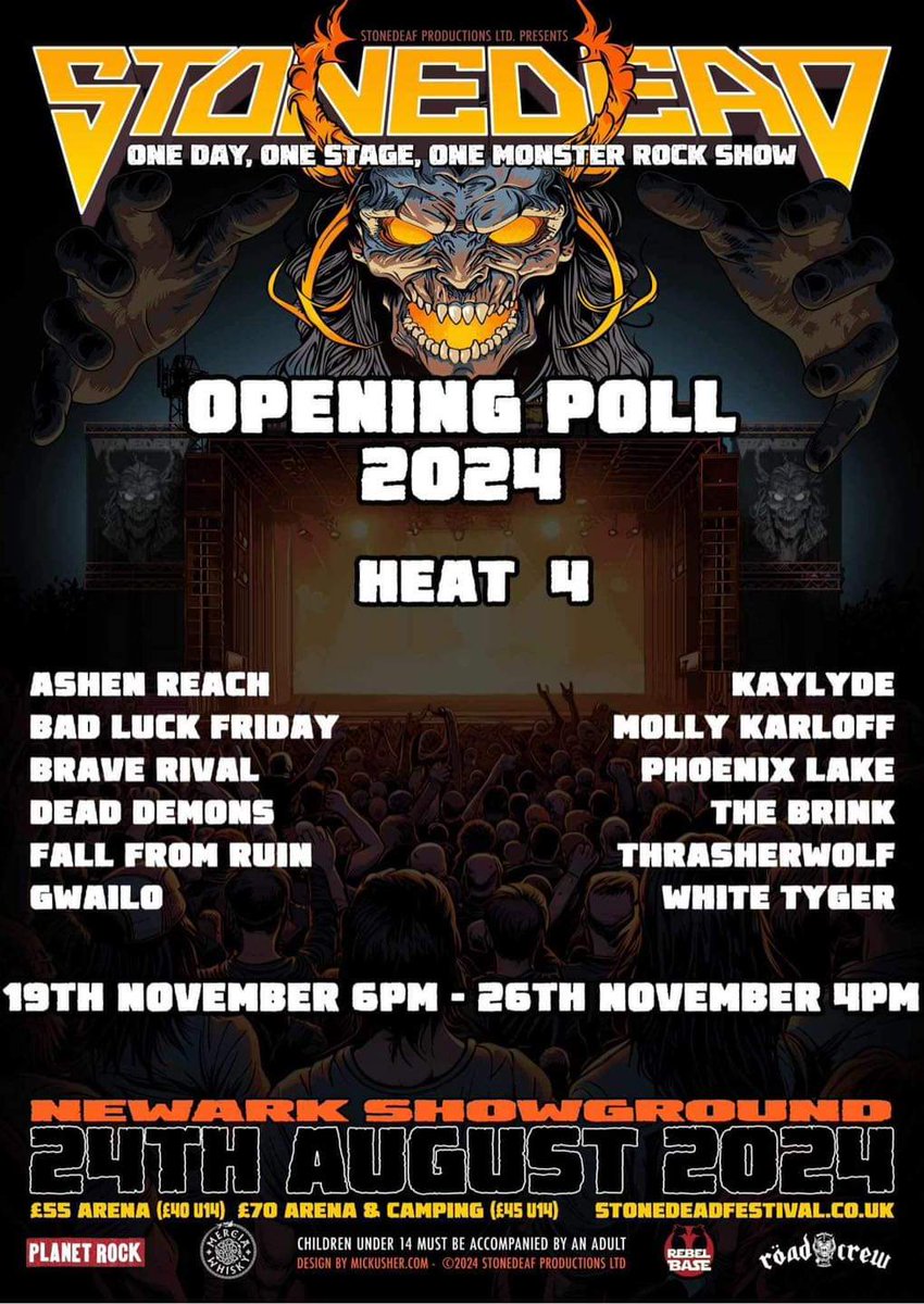 HEAT 4  - 19th November 18.00 - 26th November 16.00

The Stonedead Opening Band Poll 2024 Heat 4 is now live
You can choose two artists with your vote.  You may only vote once.
Please cast your vote here:

facebook.com/groups/2373974…