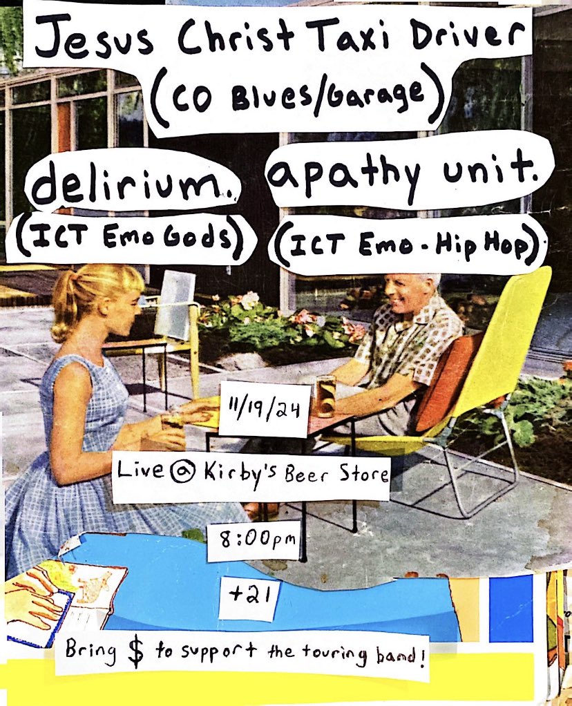 ShredzALotICT's tweet image. JESUS CHRIST TAXI DRIVER live in Wichita at @kirbysbeerstore TONIGHT. 8:00pm 

W/ @deliriumsux + @ApathyUnit !!!