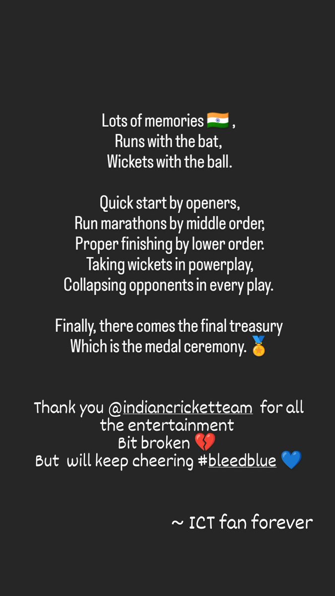 VoolapalliS's tweet photo. Thank you team India for incredible memories and we are proud of you as always 🇮🇳.
#INDvsAUSfinal #TeamIndia #bleedblue https://t.co/EzXU3dtG2p