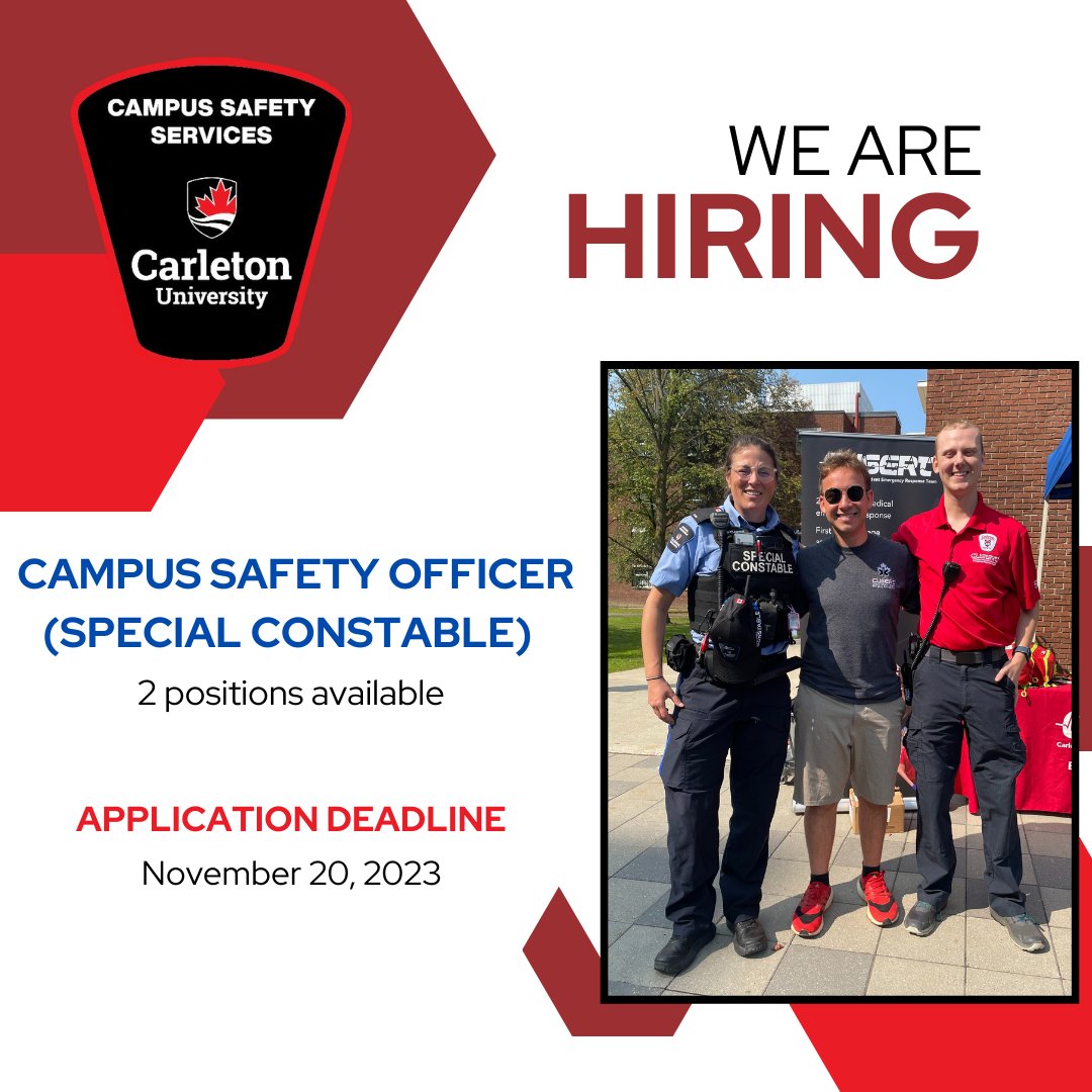 It is not too late! 

Apply for the position of Campus Safety Officer (Special Constable). 

carleton.njoyn.com/CL2/XWEB/xweb.…

#CarletonU is one of #CanadasTop100Employers
<a href="/top_employers/">Canada's Top 100 Employers</a> for the 2nd year in a row, recognized for fostering growth, inclusivity &amp; connection.