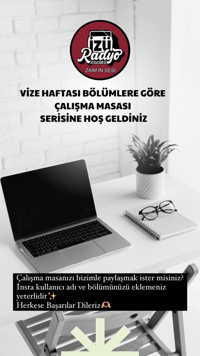 Çalışma masanızı bizimle paylaşmak ister misiniz ? 
Instagram hesabımıza çalışma masanızı ve bölümünüzü eklemeniz yeterlidir✨

Tüm öğrenci arkadaşlarımıza vize haftasında başarılar ve kolaylıklar dileriz🫶🏼  Instagram hesap ; <a href="/radyoizu/">İZÜ RADYO KULÜBÜ</a>  

#Vizeler #Sınavhaftası #zaiminsesi
