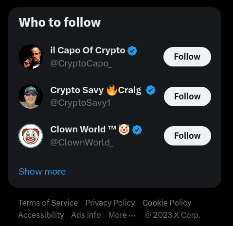 MrWhaleCrypto1's tweet photo. Glad to see that the #twitter algorithm is working and put #cryptocapo #cryptosavy and #clownworld  in the same batch.

#Crypto #Bitcoin #btc #Cryptocurency https://t.co/iqgI13SgjD