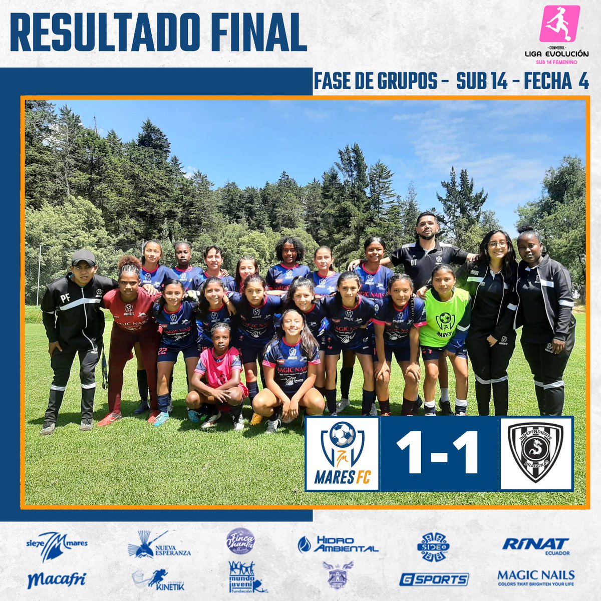 🚨 RESULTADO FINAL

✅💪 Sumamos un punto valioso ante un duro rival, en la CONMEBOL U14  Orgullosas de la entrega y nivel demostrado por nuestras guerreras. 👏⚽

⚽ Emilia Burbano 

#7MaresFC 1 - 1 #DragonasIDV

#VamosGuerrerasdelMar
#7MaresFC
#FutbolFemenino 

<a href="/DragonasIDV/">DragonasIDV</a>