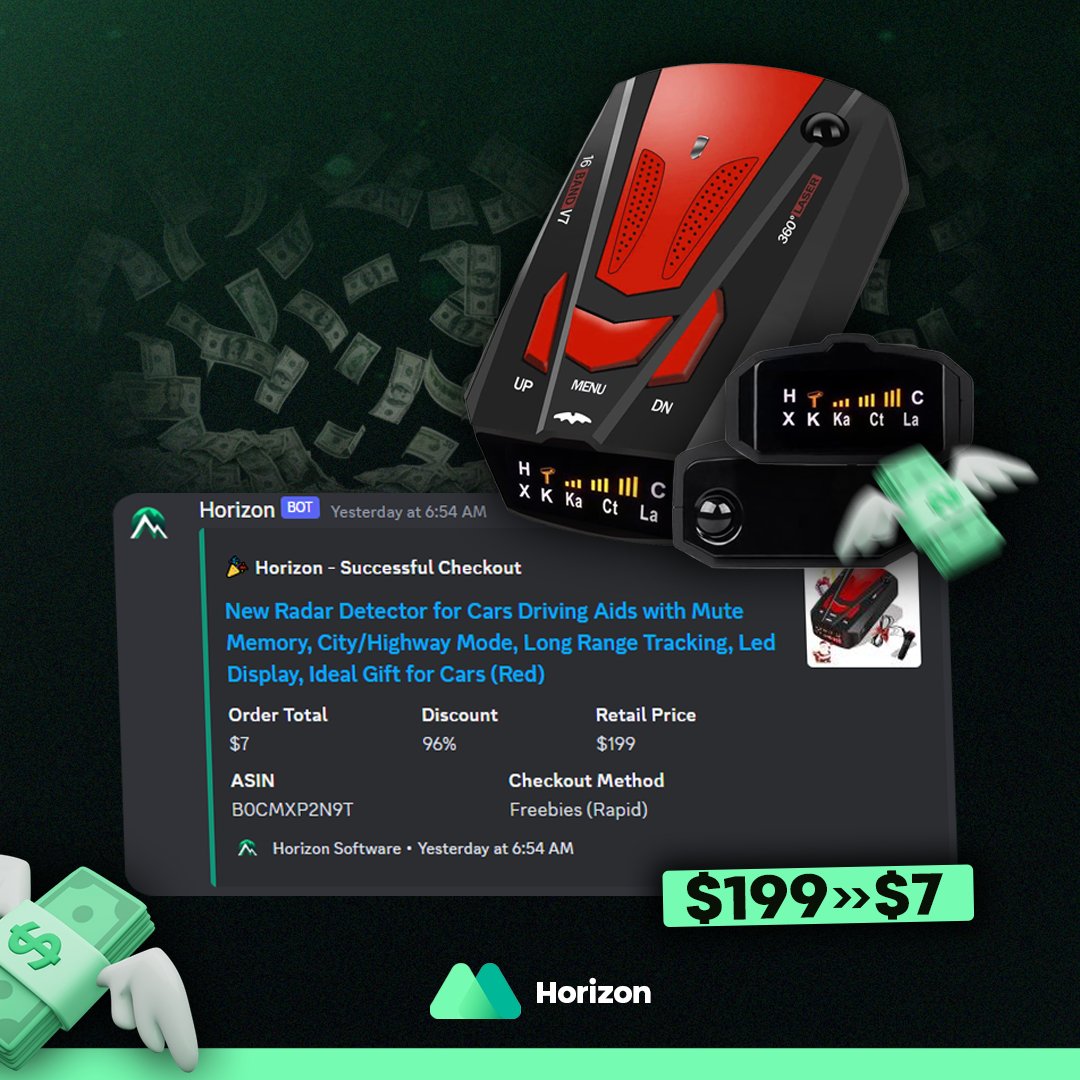 We made $45,372 yesterday! 🤑💸

200+ Checkouts on Radar Detectors for Cars 🚨

We paid $7 per package📦 and are selling for easily $150+ on ebay or locally

Stop missing out on FREE MONEY and come be part of THE HORIZON FAMILY 💰

The #1 Amazon Freebie Bot dominating as per