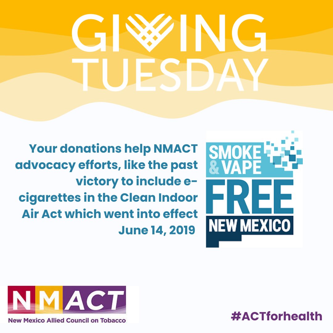 #GivingTuesday is next Tuesday, Nov. 28. Your donation allows NMACT to prioritize the health of New Mexicans like that of adding e-cigarettes to the clean indoor air act, protecting our citizens from the harmful emissions of e-cigs. #ACTforhealth
tinyurl.com/donateCDPC