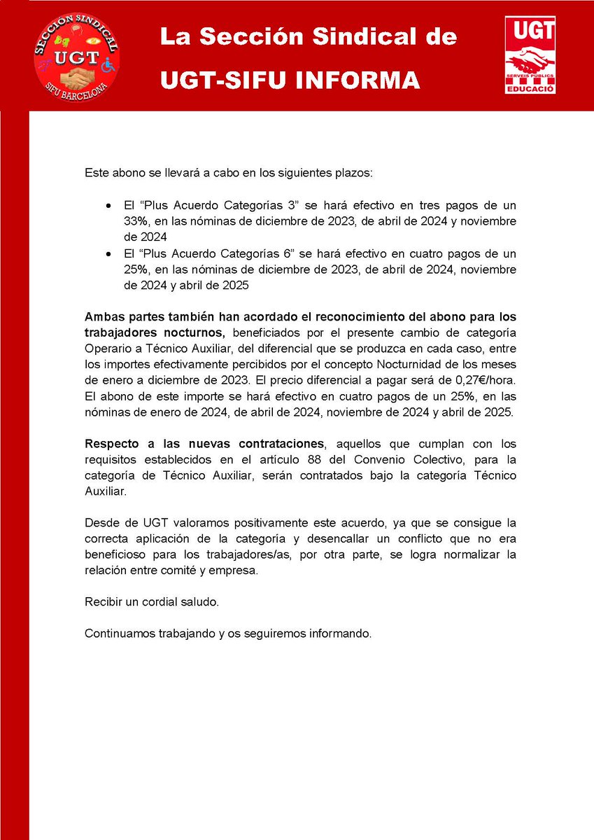 📢📢
Después de meses de negociación y una sentencia favorable a la sección sindical de UGT, se consigue llegar al acuerdo, para que a los trabajador@s de Sifu S.L, se les reconozca la categoría profesional correcta.
Seguimos luchando✊🏼
#discapacidad #UGT #Inclusion