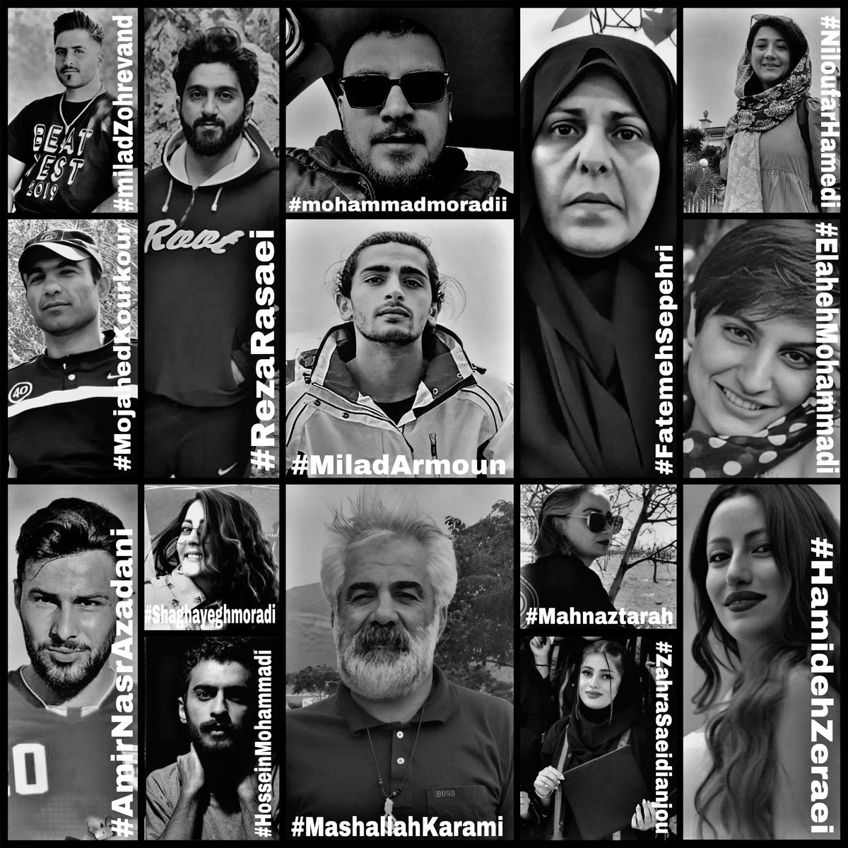 @freedomhouse 1. #ManouchehrBakhtiari
2. #MashallahKarami
3. #Nahidshirpisheh 
4. #zahrasaeidianjou
5. #MahboubehRezaei
6. #SamanYasin
7. #MiladArmoun
8. #ArsamMohammadi1