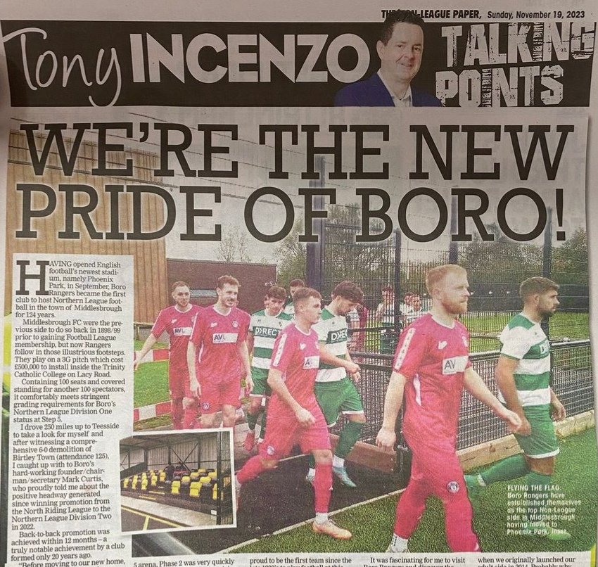 In my Non-League Paper column today, I turn the spotlight on Boro Rangers FC. By opening Britain's newest stadium, they have become the first club to stage Northern League football in the town of Middlesbrough for 124 years.

<a href="/bororangers/">Boro Rangers FC</a> <a href="/NonLeaguePaper/">The Non-League Paper</a> <a href="/NonLeagueCrowd/">Non League Crowds</a>