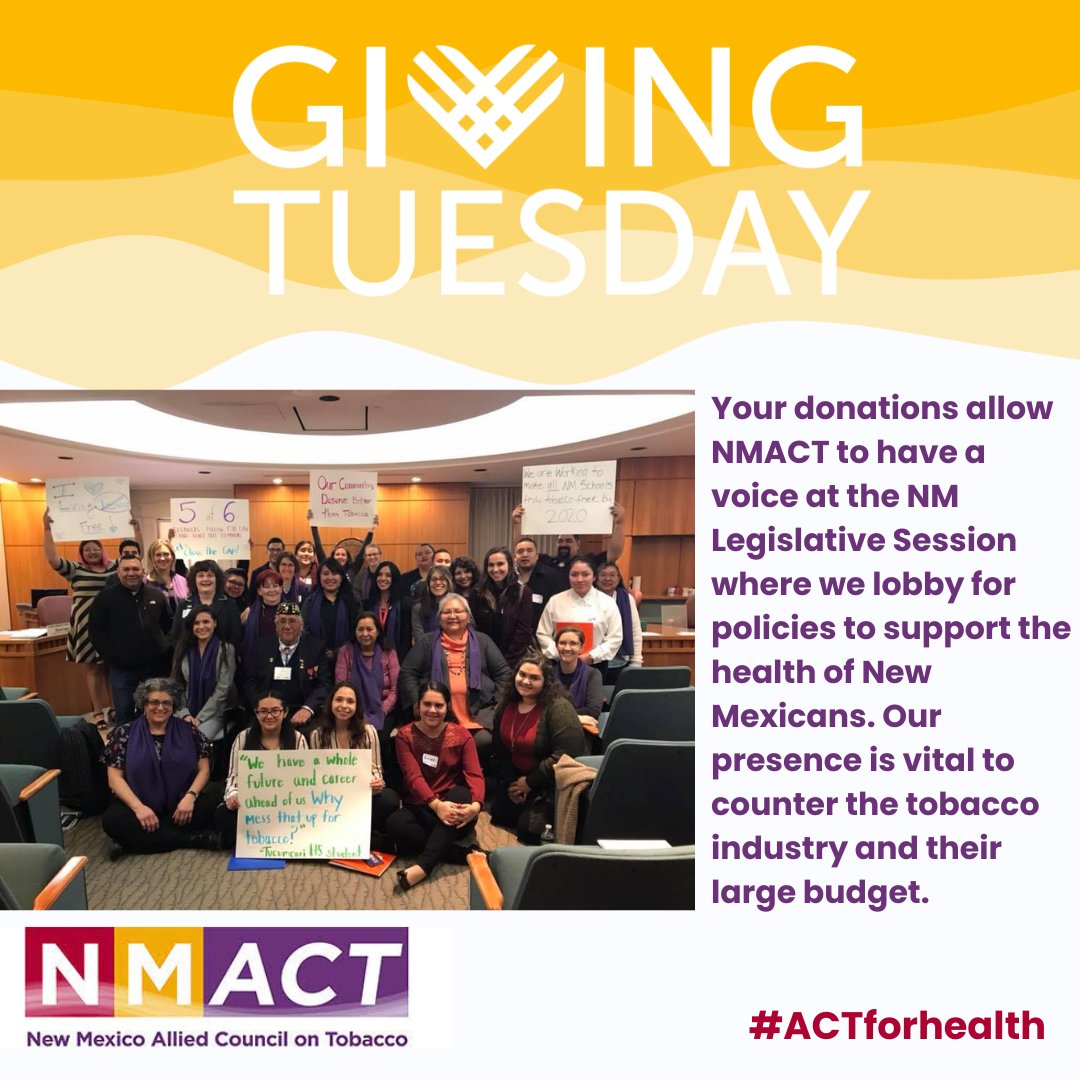 #GivingTuesday is next week on Tuesday, Nov. 28. Your donation allows NMACT to have a voice at the NM Legislative Session where we lobby for policies to support the health of NM. Our presence is vital to counter the tobacco industry. #ACTforhealth
tinyurl.com/donateCDPC