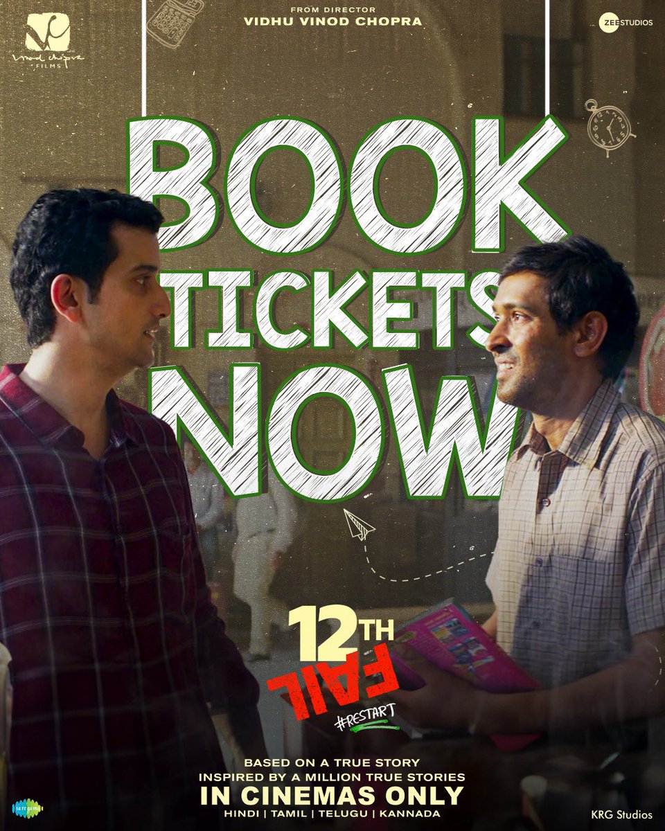 Book your tickets and experience a powerful story of determination. 📽️ #12thFailInCinemas Get your tickets today! 🌟 linktr.ee/12thfail_ #ZeroSeKarRestart Watch #12thFail IN CINEMAS ONLY, a film inspired by a million true stories. 🎥 @ZeeStudios_ @VikrantMassey