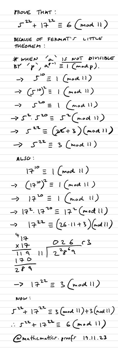 tiago_hands's tweet image. Prove that 5²² + 17²² ≡ 6 (mod 11) #furtherpuremaths #modularcongruence #modulararithmetic #fermatslittletheorem