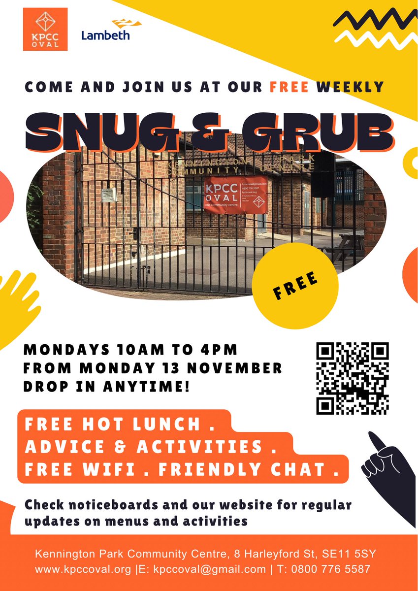 Snug & Grub tomorrow - free activities all day plus free hot lunch served at around 12.30pm. Drop in anytime between 10am and 4pm, all KPE residents welcome.