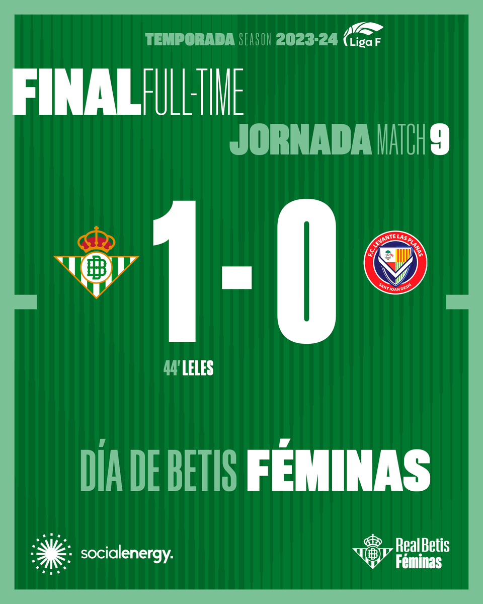 90' (+3')⏱⚽️ ¡¡FINAL FINAL FINAAAAAL!! 💪🏼

¡¡CUARTA VICTORIA CONSECUTIVA, TERCERA DE LIGA!! 🤩

#RealBetisLevanteLP #LigaF