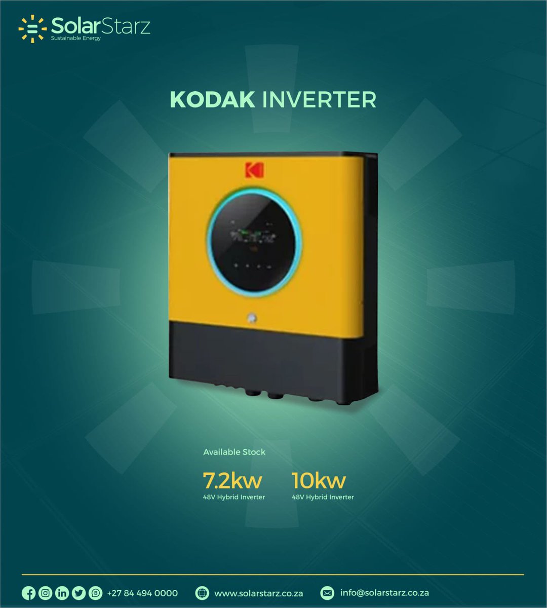 SStarzsa's tweet photo. Powering the way to a brighter tomorrow. 
Kodak Inverter, 7.2kw 4.8V Hybrid Inverter, 10kw 48V Hybrid Inverter 
#Kodak #Inverter #Solarpower #SolarPanels #SolarInverter 
#SolarStarz #Johannesburg #Pretoria #Commercial #Residential 
info@solarstarz.co.za - https://t.co/XentPpqAhd https://t.co/9eeqx6pTet