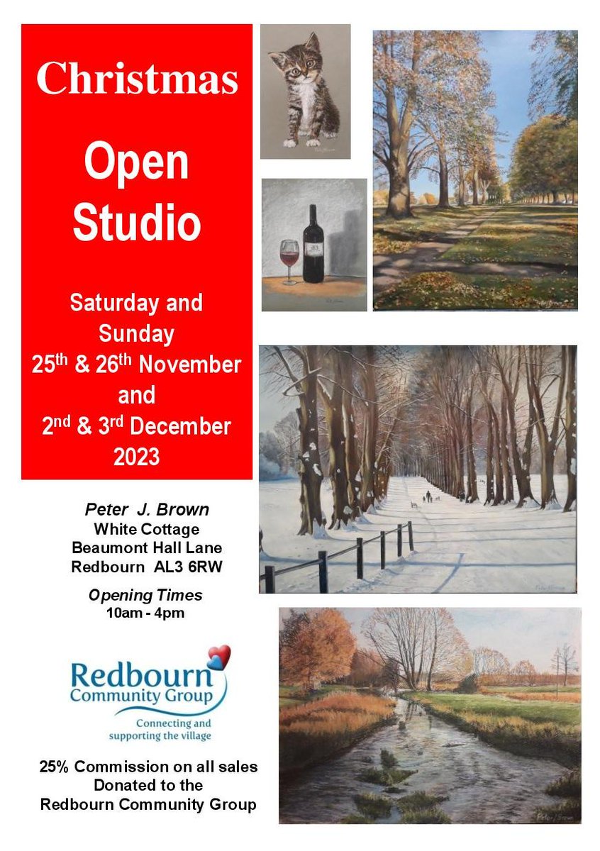 Are you looking for a unique Christmas present for someone special this year? You may find it at local artist Peter Brown’s Open Studio on 25th &amp; 26th November and 2nd &amp; 3rs December. 

White Cottage, Beaumont Hall Lane. Redbourn AL3 6RW. 

25% Commission is donated to RCG.