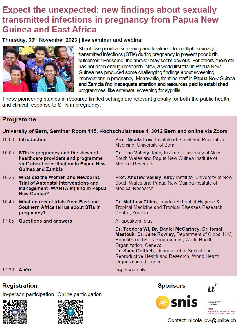 📢live Thurs 30th Nov 2023 Expect the unexpected ❗️WANTAIM RCT results of impact of STI screening on adverse pregnancy outcomes #PNG ❗️What do RCTs in East and Southern Africa tell us? ❗️Frontline healthcare workers on STI care in pregnancy? Register: unibe-ch.zoom.us/meeting/regist…