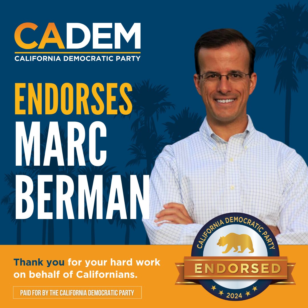 California Assembly Democrats (@asmdems) on Twitter photo The California Democratic Party is proud to endorse Assemblymember <a href="/Marc_Berman/">Marc Berman</a>!
#CADEM #Organize2Win The California Democratic Party is proud to endorse Assemblymember <a href="/Marc_Berman/">Marc Berman</a>!
#CADEM #Organize2Win