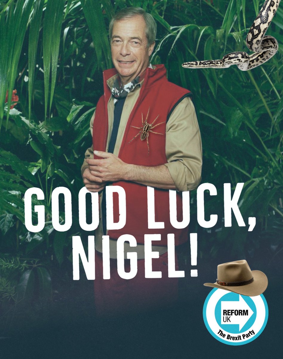 reformparty_uk's tweet photo. Good luck to our Honorary President, Nigel Farage who starts his journey on I’m A Celebrity tonight.

We are all behind you! https://t.co/vwk8wHvkT9