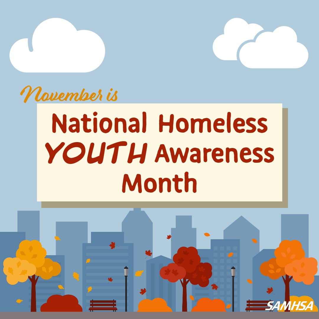 November is National Homeless Youth Awareness Month. Being homeless, no matter how long it lasts, is a life-altering traumatic event that creates major stress in any person’s life, regardless of age. Via <a href="/samhsagov/">SAMHSA</a> samhsa.gov/homelessness-p…