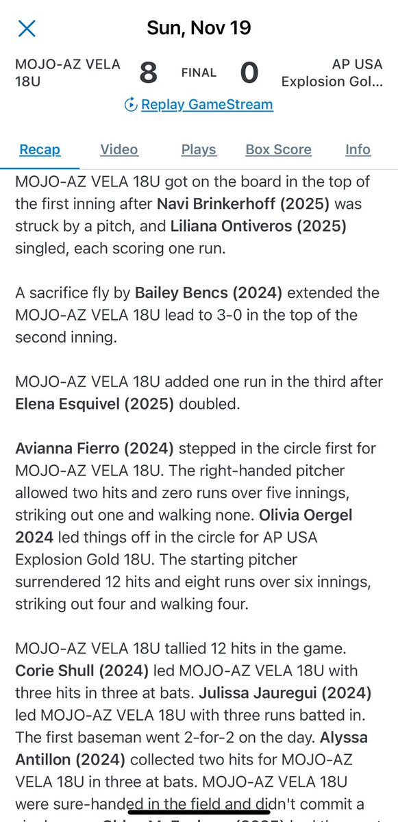 Arizona Rising VELA (@azrising_vela) on Twitter photo Nice W for game 1!! Great pitching <a href="/aviannafierro24/">Avianna Fierro</a>! Perfect defense from our outfielders! Great at bats from <a href="/bailey2024_/">Bailey Bencs</a> <a href="/corie_shull/">Corie shull</a> <a href="/AAntillon2024/">Alyssa Antillon 2024</a> @ElenaEsqui8742 Nice W for game 1!! Great pitching <a href="/aviannafierro24/">Avianna Fierro</a>! Perfect defense from our outfielders! Great at bats from <a href="/bailey2024_/">Bailey Bencs</a> <a href="/corie_shull/">Corie shull</a> <a href="/AAntillon2024/">Alyssa Antillon 2024</a> @ElenaEsqui8742