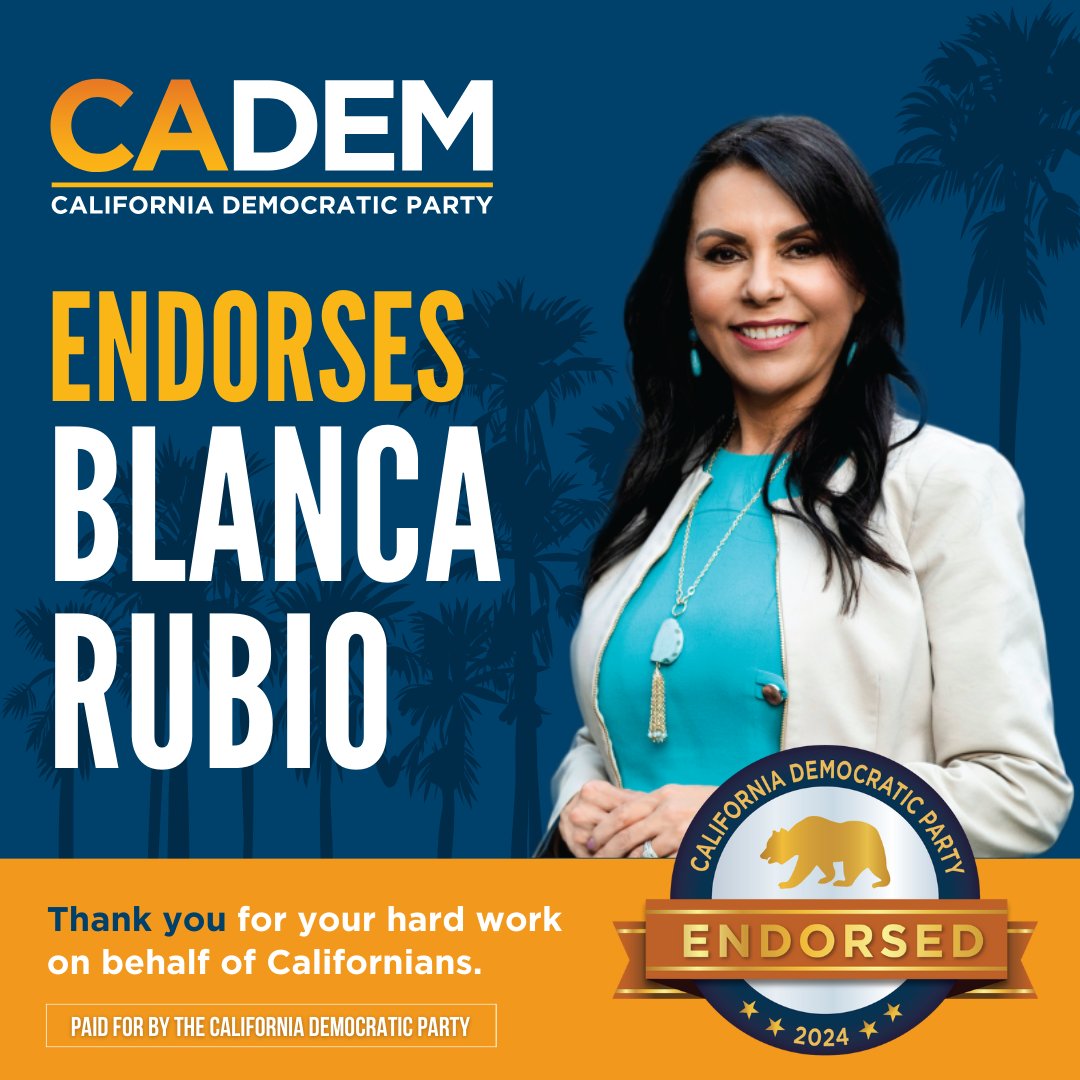 Assemblymember Blanca Rubio is the only candidate endorsed by the Democratic Party in Assembly District 48! @Rubio4Assembly #CADEM #Organize2Win
