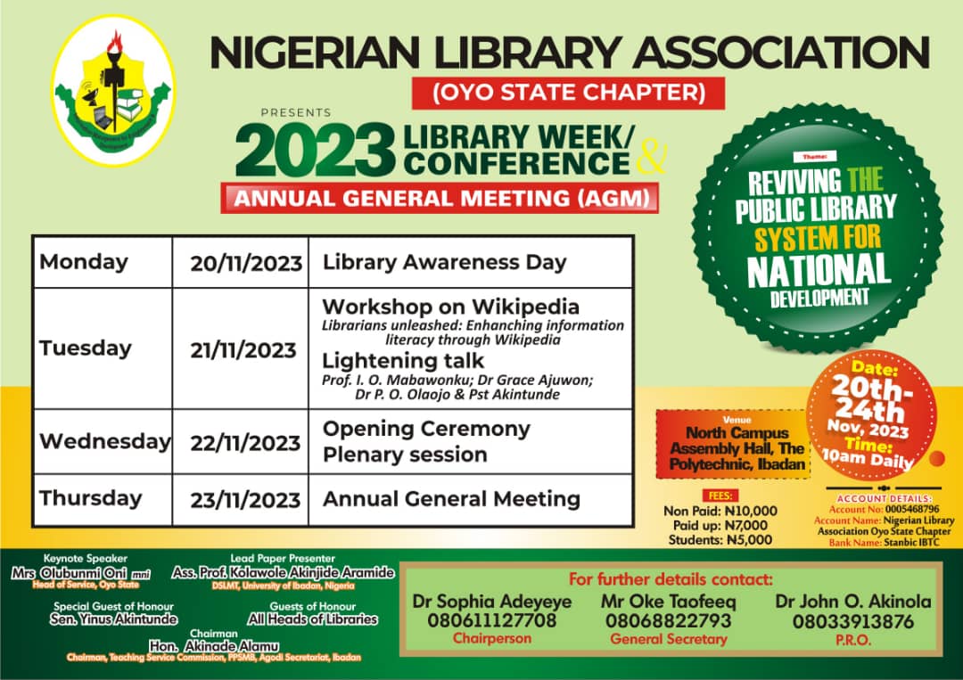 neyofrenzy's tweet photo. 📢 *ANNOUNCEMENT* 📢

*THE NIGERIAN LIBRARY ASSOCIATION (OYO STATE CHAPTER )*

Invites you to her *Opening Ceremony and Lightning talk* that is billed for:

🗓️ *Date* : 22nd November, 2023.

🏛️ *Venue* :  North Campus Assembly Hall, The Polythecnic Ibadan Oyo State. https://t.co/MVhX3RYTWV
