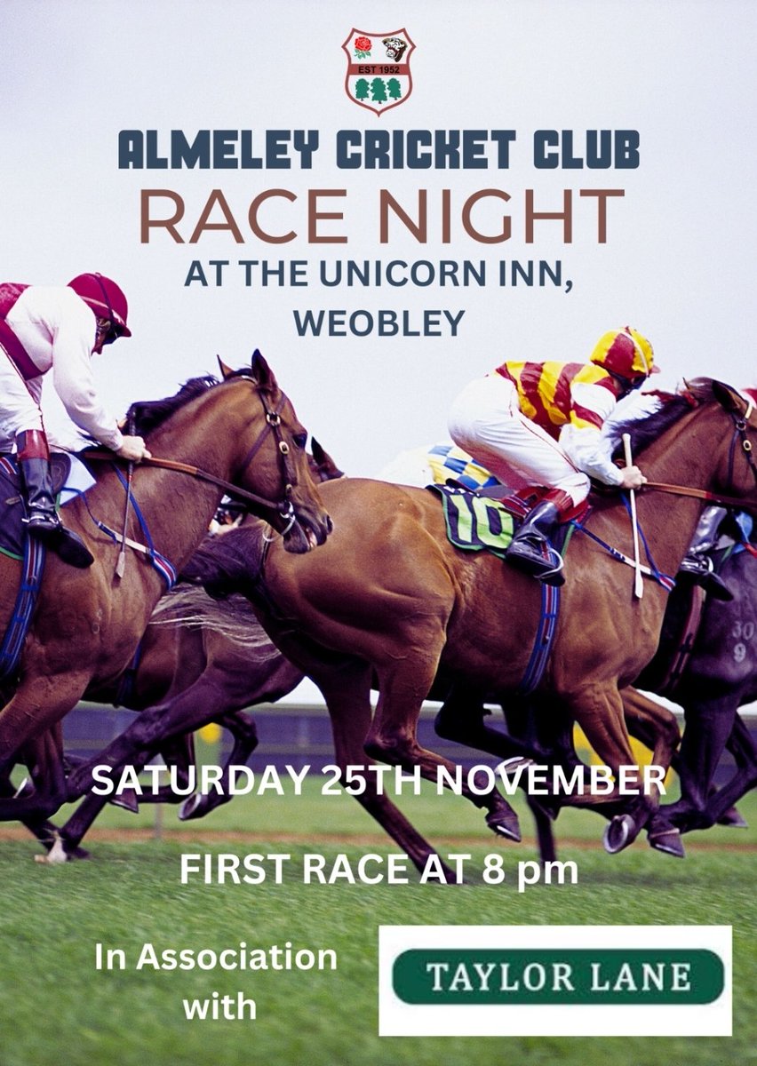 First up in a very busy festive season for us is our race night next weekend at the Unicorn in Weobley

Big thanks to <a href="/taylorlanetf/">Taylor Lane</a> for being our headline sponsors