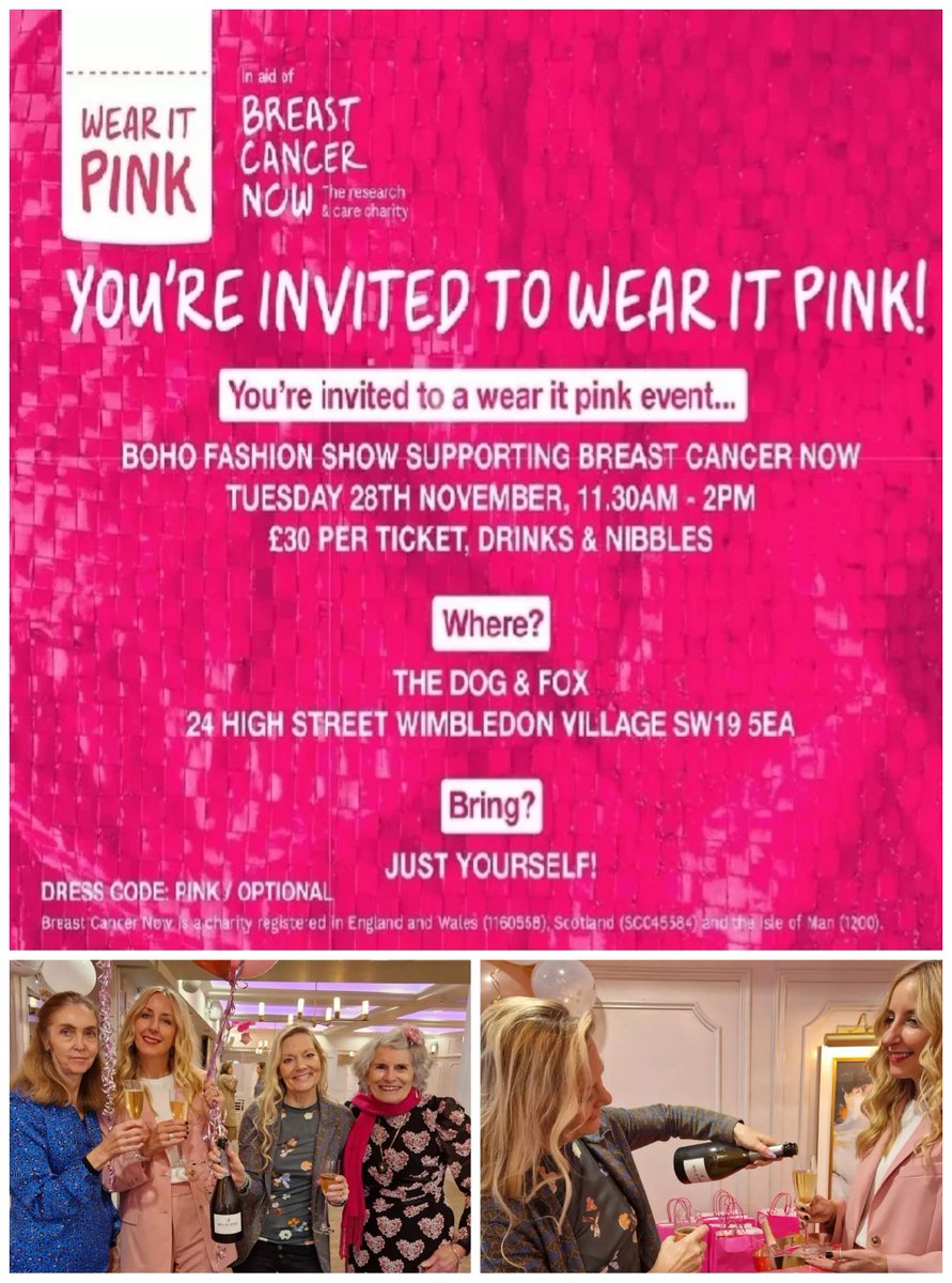 #WimbledonEvent - Join Boho Beach Fest and Rebalance*Me at their fabulous Wear it Pink fashion show on 28 Nov at The Dog & Fox in aid of Breast Cancer Now. For more info and tickets visit: tinyurl.com/BohoFashionShow #Wimbledon