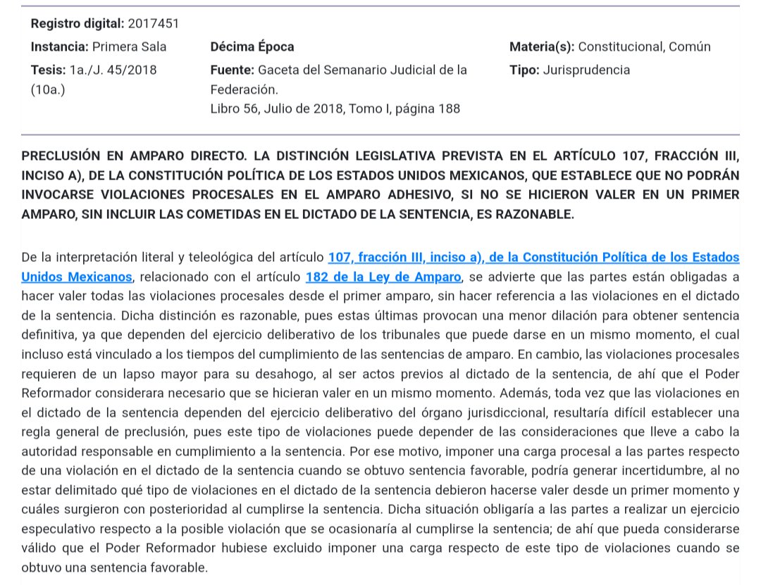 aar_armenta's tweet photo. Respecto al supuesto 2 (violaciones procesales que no trascendieron al resultado del fallo en perjuicio de la persona), la oportunidad de impugnar dichas violaciones precluye si no se hacen valer en amparo adhesivo. No se pueden hacer valer posteriormente en un amparo principal. https://t.co/PldxB1Uv4L
